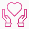 Animated pink icon of two hands holding a heart, representing support, care, and community love.